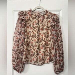 Elegant Floral Ruffle Blouse - Cream and Orange